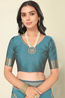 Blue Woven Silk Blend Saree With Blouse 7