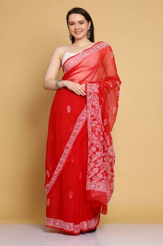 Hand embroidered red georgette lucknowi chikankari saree with blouse