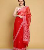 Hand embroidered red georgette lucknowi chikankari saree with blouse