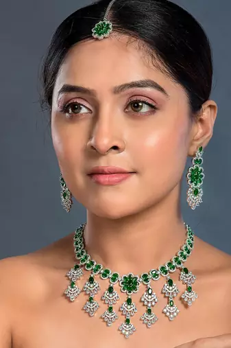 Green Bridal CZ Necklace set with maangtikka