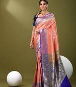 Watermelon pink  banarasi brocade saree with zari woven ethnic designs