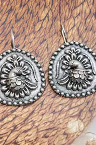 German silver earrings peacock design hoop earrings