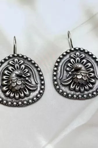 German silver earrings peacock design hoop earrings