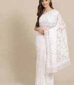 Hand embroidered white georgette lucknow chikan saree with blouse
