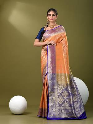 Mustard  banarasi brocade saree with zari woven ethnic designs 1