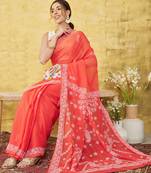 Hand embroidered carrot pink georgette lucknowi chikankari saree with blouse