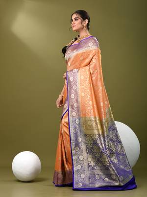 Mustard  banarasi brocade saree with zari woven ethnic designs 2