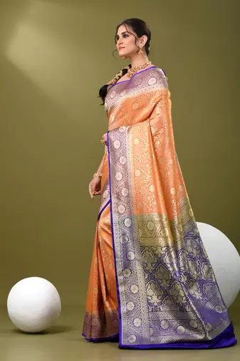 Mustard  banarasi brocade saree with zari woven ethnic designs