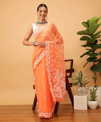 Hand embroidered rust georgette lucknowi chikankari saree with blouse 1