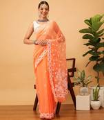 Hand embroidered rust georgette lucknowi chikankari saree with blouse