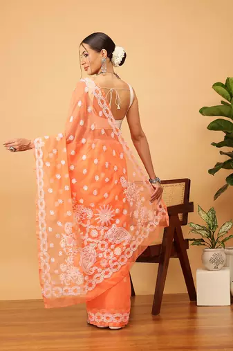 Hand embroidered rust georgette lucknowi chikankari saree with blouse