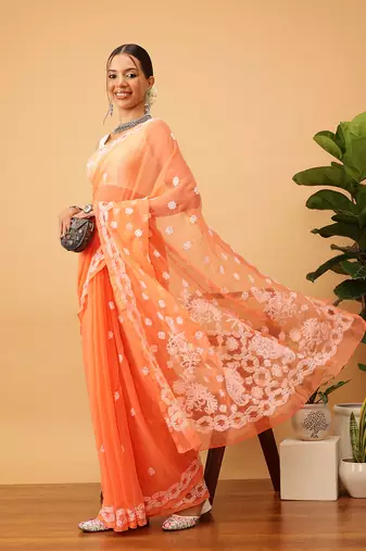 Hand embroidered rust georgette lucknowi chikankari saree with blouse