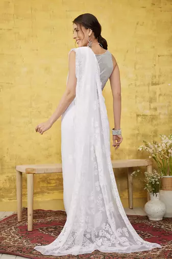 Hand embroidered white georgette lucknowi chikankari saree with blouse