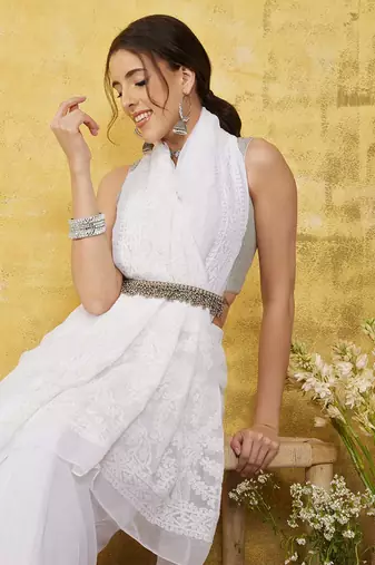 Hand embroidered white georgette lucknowi chikankari saree with blouse
