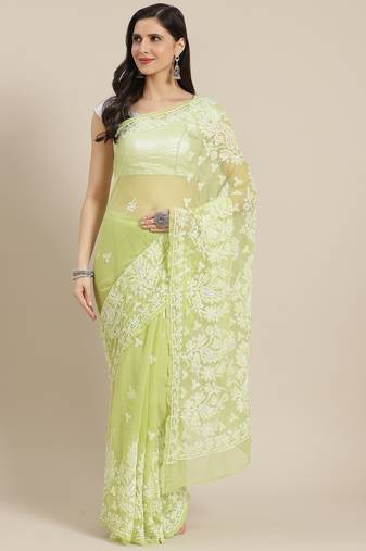 Hand embroidered green georgette lucknow chikankari saree with blouse
