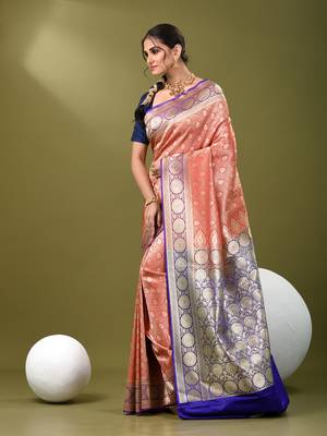 Red  banarasi brocade saree with zari woven ethnic designs 2