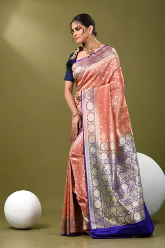 Red  banarasi brocade saree with zari woven ethnic designs