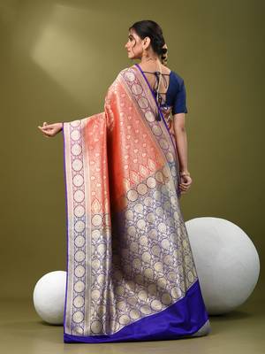 Red  banarasi brocade saree with zari woven ethnic designs 3