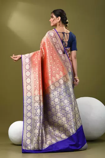 Red  banarasi brocade saree with zari woven ethnic designs