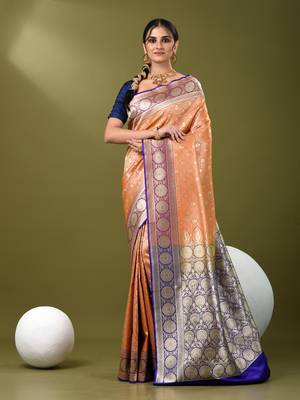 Orange  banarasi brocade saree with zari woven ethnic designs 1