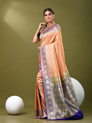 Orange  banarasi brocade saree with zari woven ethnic designs 2