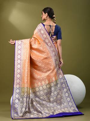 Orange  banarasi brocade saree with zari woven ethnic designs 3