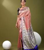 Fuchsia  banarasi brocade saree with zari woven ethnic designs