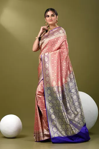 Fuchsia  banarasi brocade saree with zari woven ethnic designs