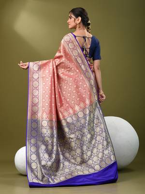 Fuchsia  banarasi brocade saree with zari woven ethnic designs 3