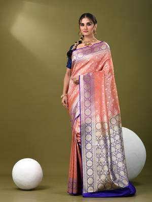 Watermelon pink  banarasi brocade saree with zari woven ethnic designs 1