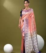 Watermelon pink  banarasi brocade saree with zari woven ethnic designs
