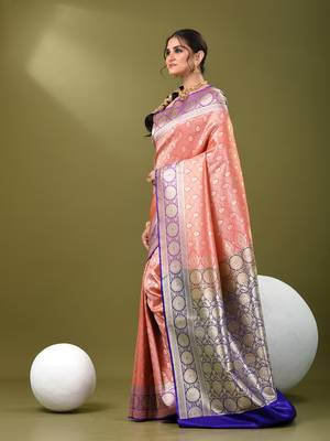 Watermelon pink  banarasi brocade saree with zari woven ethnic designs 2