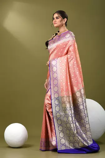 Watermelon pink  banarasi brocade saree with zari woven ethnic designs