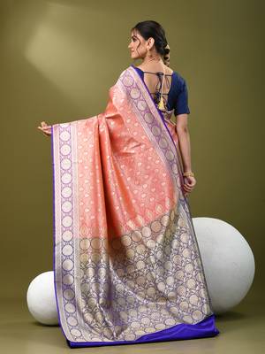 Watermelon pink  banarasi brocade saree with zari woven ethnic designs 3
