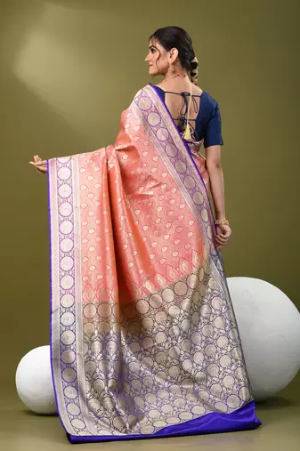 Watermelon pink  banarasi brocade saree with zari woven ethnic designs