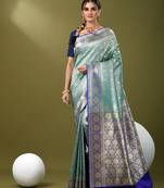 Teal  banarasi brocade saree with zari woven ethnic designs