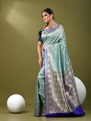 Teal  banarasi brocade saree with zari woven ethnic designs 2