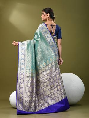 Teal  banarasi brocade saree with zari woven ethnic designs 3