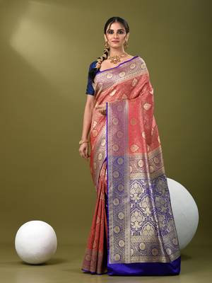 Fuchsia  banarasi brocade saree with zari woven ethnic designs 1