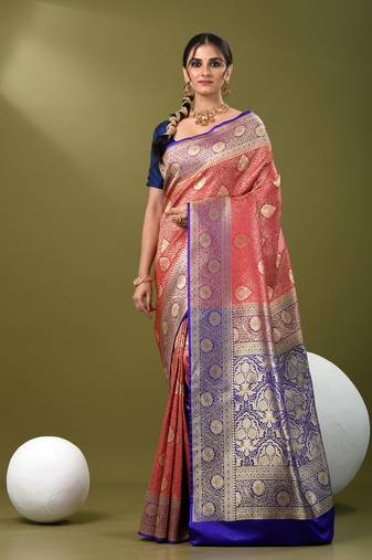 Fuchsia  banarasi brocade saree with zari woven ethnic designs