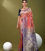 Fuchsia  banarasi brocade saree with zari woven ethnic designs