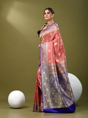Fuchsia  banarasi brocade saree with zari woven ethnic designs 2