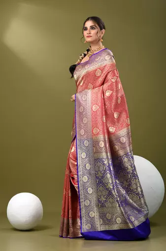 Fuchsia  banarasi brocade saree with zari woven ethnic designs