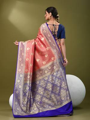 Fuchsia  banarasi brocade saree with zari woven ethnic designs 3
