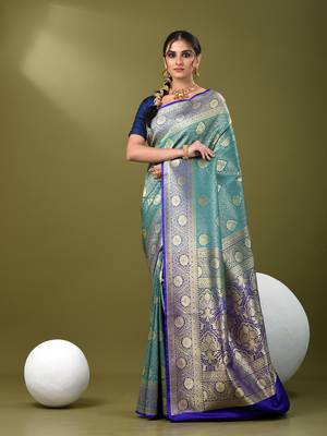 Teal  banarasi brocade saree with zari woven ethnic designs 1