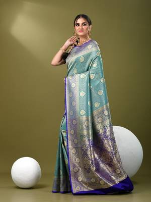 Teal  banarasi brocade saree with zari woven ethnic designs 2