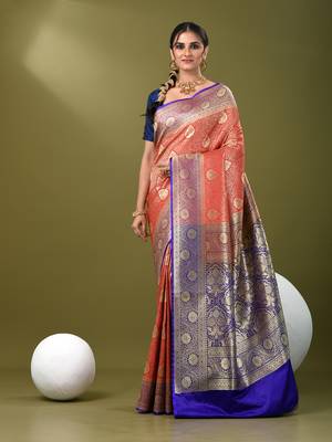 Red  banarasi brocade saree with zari woven ethnic designs 1