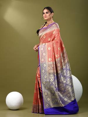 Red  banarasi brocade saree with zari woven ethnic designs 2