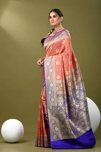 Red  banarasi brocade saree with zari woven ethnic designs