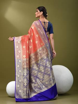 Red  banarasi brocade saree with zari woven ethnic designs 3